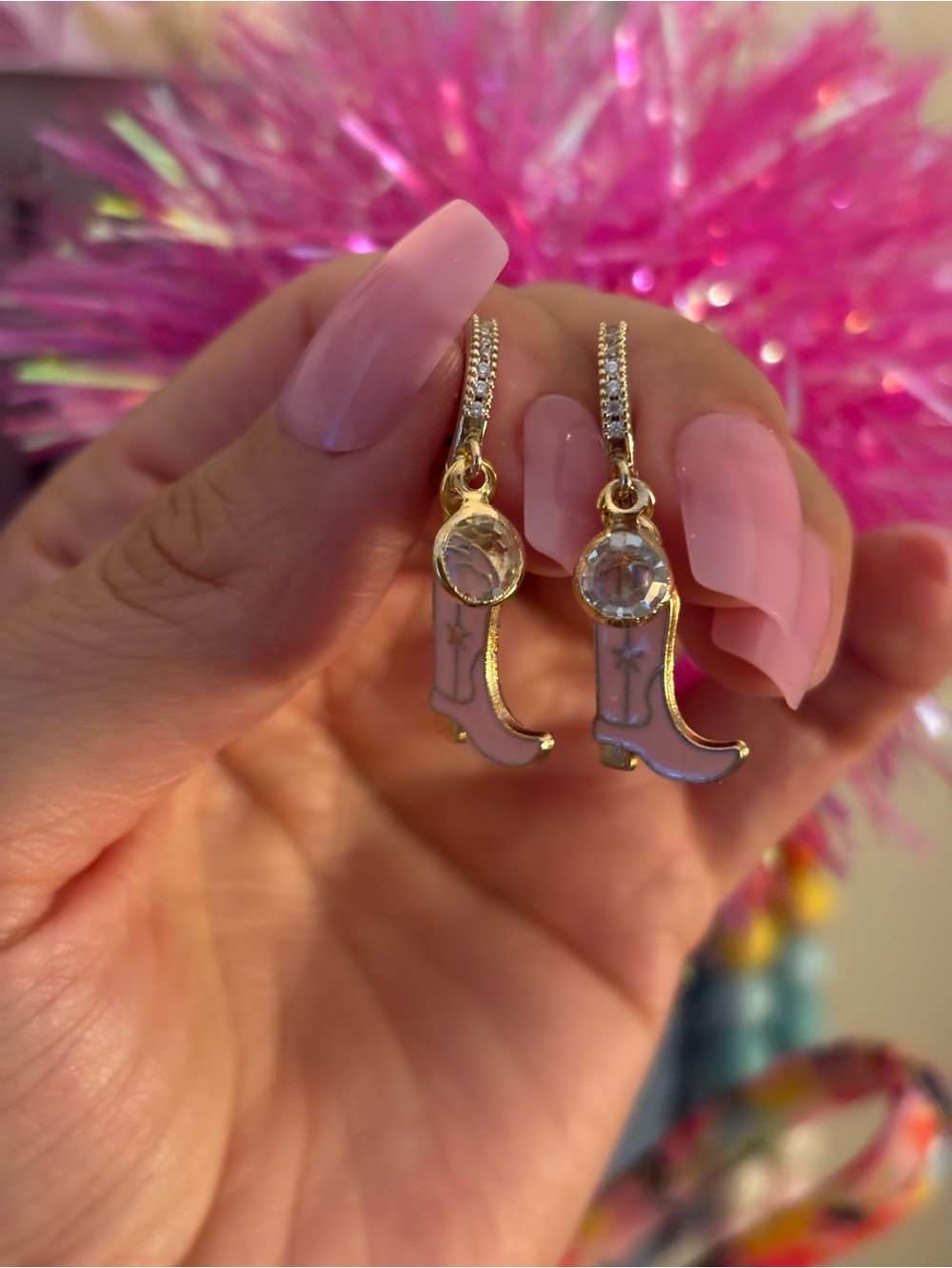 Gold-Tone Pink Cowboy Boot Charm Drop Earrings with Crystal Accents